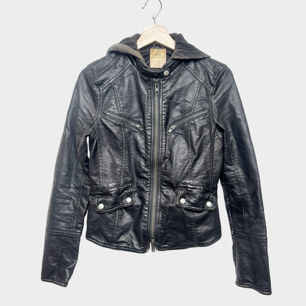 We The Free Women XS Black Vegan Leather Hooded Moto Jacket Indie Sleaze